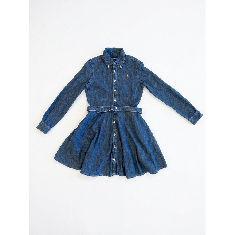 Ralph Lauren Dress Blue Sz12 Denim Button-Up Long Sleeve Belted Logo Knee Length
